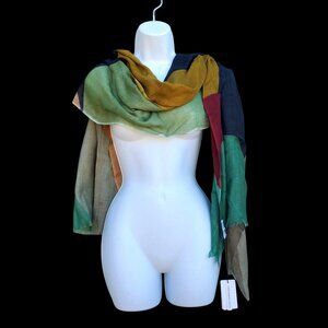 Lightweight Wool Shawl Scarf NWT Ella Scarf Co Asbstract Green Black 68 x 27 In